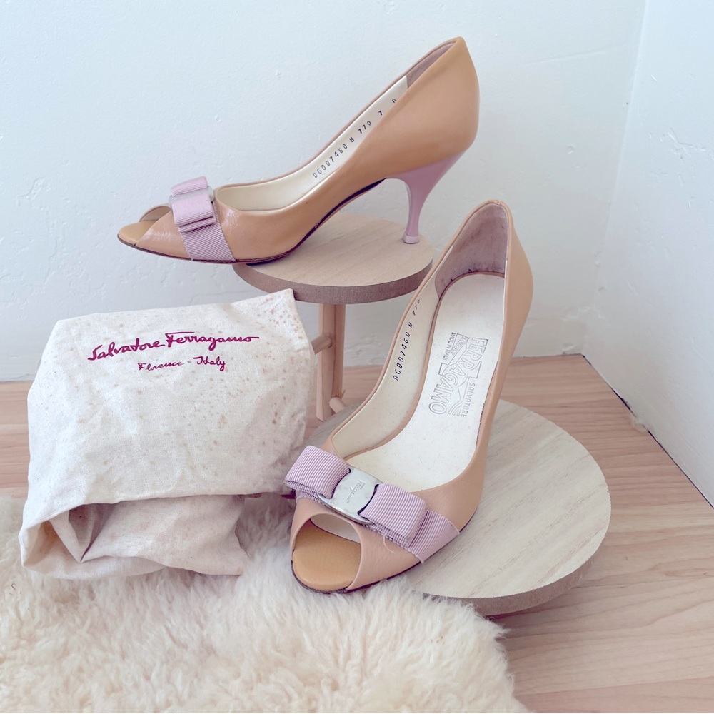 Ferragamo open toe two tone patent leather pump